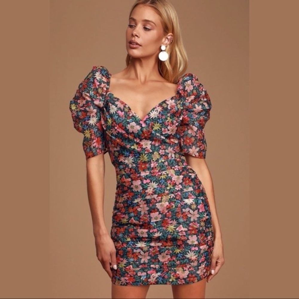 C/MEO Collective Anthrologie Floral Ruched Puff‎ Sleeve Mini Dress US S